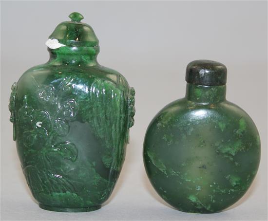 Two Chinese spinach green jade snuff bottles, 1800-1940, Richards no.s 238 and 408